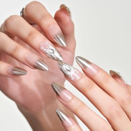 GLAMERMAID 10 Pcs 3D Luxury Handmade Press on Nails Long Almond, Nude White Silver Acrylic Fake Nails with Rhinestones Charms Design, Chrome Stiletto Stick Glue on False Nail, Manicure Kit for Women S