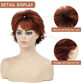 TISHINING Short Ombre Copper Pixie Cut Wigs for White Women Layered Copper Mixed Auburn Curly Wig with Bangs Natural Looking Synthetic Daily Party Wig