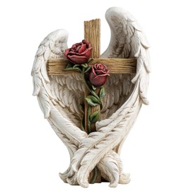ShineOnAngel 12" Angel Wings Embracing Cross and Rose Garden Statue Memorial Statue for Beloved one