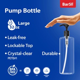 Bar5F Empty Shampoo Bottles with Pumps (32oz/1Liter/Large) BPA-Free PETE1 Plastic Bottle Crystal-Clear (Pack of 6)