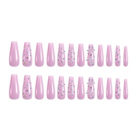 TBRZTR Press on Nails Long Pink False Nails Square Fake Nails Artificial Acrylic Nails with Butterfly Rhinestones Design Full Cover Reusable Coffin Nails Glue on Nails for Women 24Pcs
