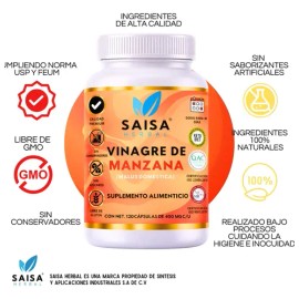 Vinagre de Manzana Orgánico 120 Cáps SAISA HERBAL | Suplemento Natural | Digestión, Antioxidante y Apoyo Metabólico | 100% Puro