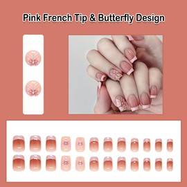 ANDGING Pink French Tip Press on Nails Square Short Medium Fake Nails with Butterfly Designs Classy Glue on Nails for Women Acrylic Stick on Nails for Wedding Manicure Full Cover Gel False Nails