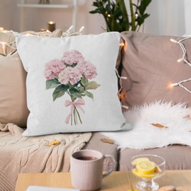 VRW Pink Hydrangea Floral Throw Pillow Covers 18x18, Pink Coquette Bow Flowers Bouquet Decorative Pillow Covers for Home Bedroom Living Room, Rustic Cottagecore Hydrangea Decor Accent Pillows Cover