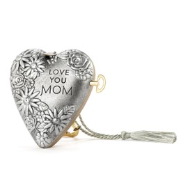 DEMDACO Art Hearts Collection Love You Mom Slate Grey Floral 3.5 x 3.5 Metal Musical Art Heart with Decorative Key