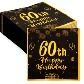 ZOCONE 60 Pcs 60th Birthday Napkins Black and Gold 60th Birthday Table Decorations for Men Women Disposable 60th Birthday Party Napkins Happy 60th Birthday Party Supplies Table Decor(60th, 60PCS)
