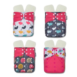 KaWaii Baby Reusable Cloth Diaper Bundle- 4 Printed Snap + 8 Premium Diaper Inserts One Size Adjustable Newborn to Potty Trained Toddler - Sun Shower