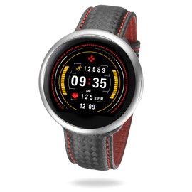 MyKronoz ZeRound2 HR Premium Smartwatch with Heart Rate Monitoring and Smart Notifications, Swiss Design, iOS and Android - Brushed Silver/Black Carbon Red Stitching Band