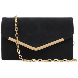 Autumnwell Black Faux Suede Clutch Purse Evening Bag for Women，Envelope Handbag With Detachable Chain for Wedding and Party