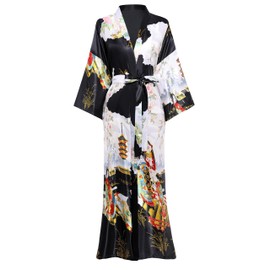 PRODESIGN Kimono Robe for Women - Long Satin Sleepwear Silky Kimono Cover-Up Nightgown Japanese Bathrobe Loungewear Blouse