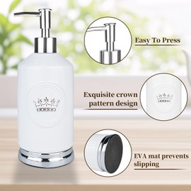 GARGENTOL Bathroom Accessory Set, 4 Pcs Ceramic Sets with Crown Motif, Toothbrush Holder, Soap Dispenser, Soap Dish, Tumbler Cup, Modern Bathroom Sink Set Vanity Countertop Decor, White and Silver