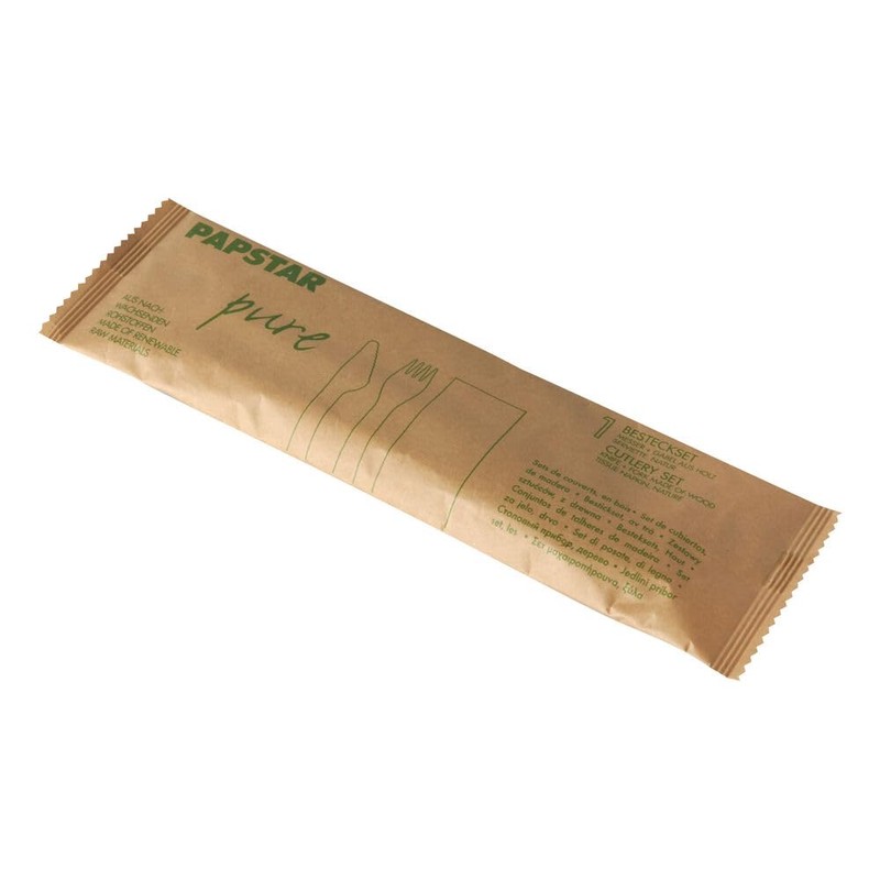 VEPATIM 50 Einweg Holzbesteck Set Messer Gabel Serviette natur einzeln