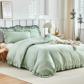 Tokokimo Green Super King Duvet Set 3pcs Ruffle Design Bedding Sets Soft Microfiber Green Frills Super King Duvet Cover with Zip Closure Easy Care Superking 260x220cm (Green, Ruffle)