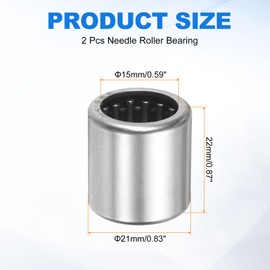 sourcing map 2 Pcs Needle Roller Bearings, HK1522 Bore 15mm OD 21mm 22mm Width Steel Track Roller Bearings Open End for Mower, Lawn Tractor, Automotive