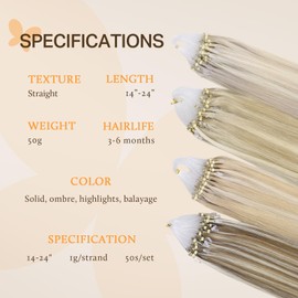 DOORES Micro Bead Hair Extensions, Real Hair, Light Blonde Highlighted Golden Blonde, 55 cm, 50 g/50s, Invisible Hair Extensions, Real Hair