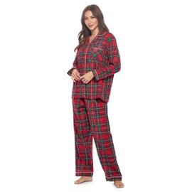 Casual Nights Women's Flannel Long Sleeve Button Down Pajama Set - Red Stewart - Large