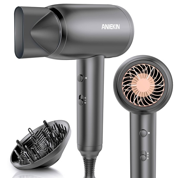 ANIEKIN Hair Blow Dryer, Professional Ionic Hair Dryer with Diffuser and Concentrator for Curly Hair, Lightweight Travel Hair Dryer for Women Fast Drying and Quiet-Gray