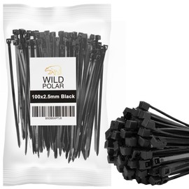 Wild Polar Premium Cable Ties - Clear/White & Black - Range of Sizes - 100 Pack Nylon Plastic Tie Wraps - Self Locking Small Zip Ties (Black, 100mm x 2.5mm 100 Pack)