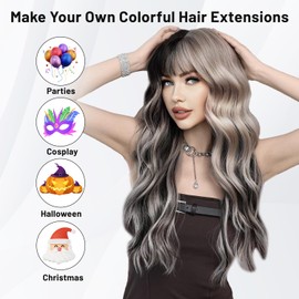 TOFAFA 16 Pcs Colored Hair Extensions Curly Wavy Clip in Synthetic Hair Extensions,Colorful Party Highlights Hairpiece Streak for Girls Women Kids Favors Gift(Black)