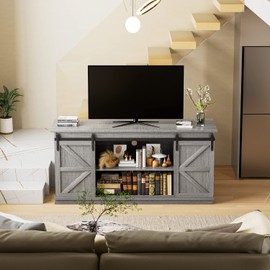 YESHOMY TV Stand for Televisions up to 65 Inchs, with Sliding Barn Doors and Storage Cabinets, Console Table and Media Furniture for Living Room, 58 Inch, Gray