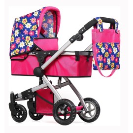 Fash N Kolor | Foldable Pram for Baby Doll with Flower Design with Swiveling Wheel Adjustable Handle Bassinet Stroller with Baby Doll, Convertible Seat, and Basket, and Free Carriage Bag