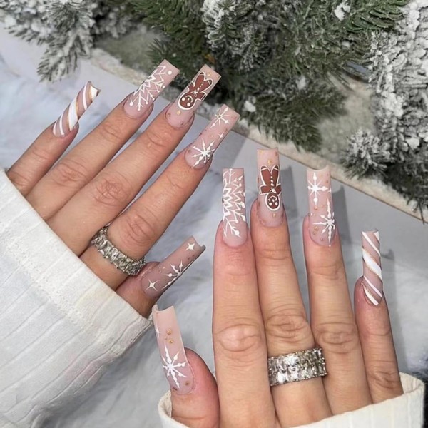 24Pcs Christmas Press on Nails Long Square Fake Nails with