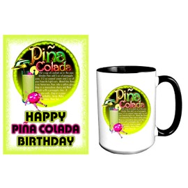 ValxArt Happy Pina Colada Cocktail Birthday Recipe Greeting Card + Large 15 OZ Cup with Black Handle and Inside