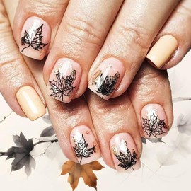 Thanksgiving Press on Nails 24Pcs Maple Leaf Press ons Fingernails Glossy Gold Glitter Short Square False Nail Fall Leaves Gel Glue on Acrylic Fake Nails Autumn Stick on Nail for Holiday Gift
