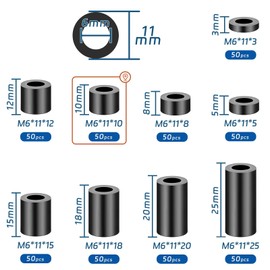 SWTYExt Round Spacers M6 Spacer Sleeves ABS Pack of 50 Nylon Washers Plastic Spacer Sleeve Rubber Spacer Insulation Washers 11 x 10 mm Black Spacers for M6 Screws