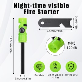 Flint and Steel Fire Starter Kit, Glow in the Dark 5-in-1 Multifuctional Fire Steel with Compass Scale Scraper Whistle Magnesium Ferro Rod Fire Striker Survival Tool for Travelling Camping Hiking