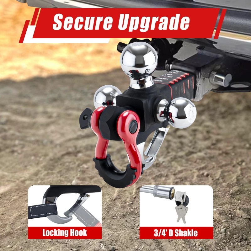TYT Tri Ball Hitch Trailer Mount w/ Locks, Tow Hook