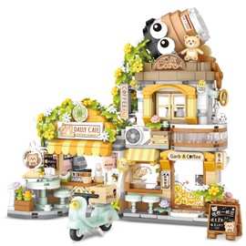Street View Coffee Shop Mini Building Blocks, MOC Creative Building Toys Cute Animals Building Set for Girls 6-12, Simulation Architecture Construction Toy, Gift Idea for Kids Adults (1077 PCS)