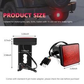 NYTKL 15 LED Brake Light Trailer Hitch Cover, Smoked Lens Square Brake Tail Light w/Trailer Adapter Pin, 12V Super Bright LED Towing Hitch Lighting Accessories Fit 2" Receiver (Red)