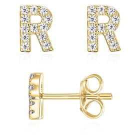 Initial Stud Earrings for Girls 18K Gold Plated CZ Simulated Diamond Stud Earrings Hypoallergenic Earrings for Women (R)
