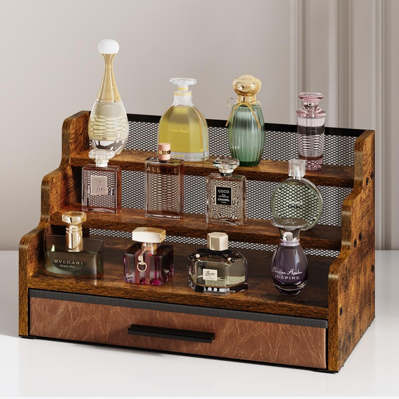 Yuzehuaza 3 Tier Perfume Organizer with Drawer，Wooden Cologne Organizer for