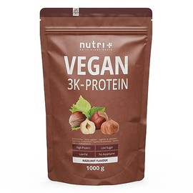 Nutri + Proteinpulver Vegan Haselnuss 1 kg - 83% Eiwei√ü - 3k Protein Powder Hazelnut Flavor - Veganes Eiwei√üpulver Nuss ohne Gluten, Zucker + Whey