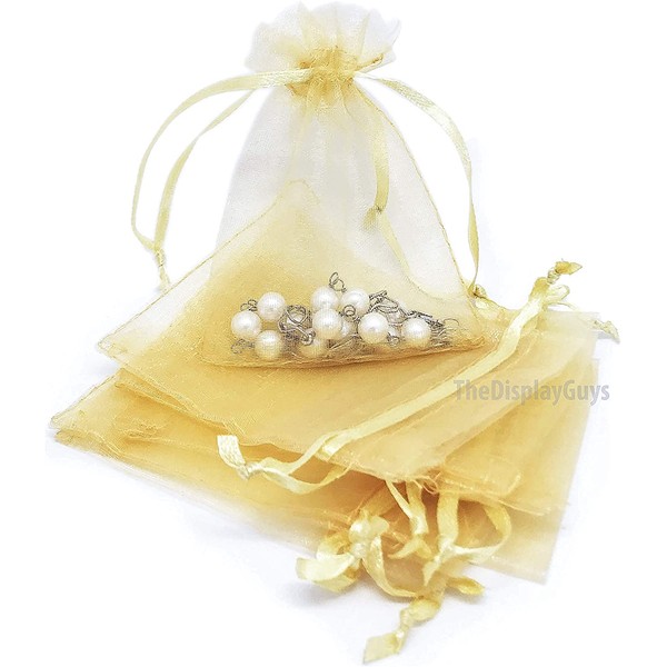 TheDisplayGuys 100-Pack 2x3 Gold Sheer Organza Gift Bags with Drawstring, Jewelry Candy Treat Wedding Party Favors Mesh Pouch