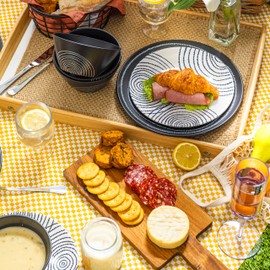 bzyoo 12 Piece Melamine Dinnerware Set - Durable, Dishwasher Safe Black Plates and Bowls - Dining, Parties, Camping Dish Set Black Planet Collection