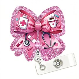 Nursing Pink Bow Nurse Badge Reel, Funny Work ID Badge Holder with Retractable Clip, Nursing Student Badge Reel Holer, RN LPN CNA MA Medical Worker Nurse Teacher Healthcare Accessories for Work