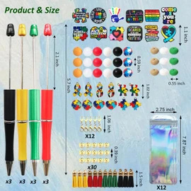 JNwhy Beadable Pens 12 Sets DIY Beaded Ballpoint Pens Making Kit with Silicone Focal Beads Alloy Pendants Assorted Tassels (Autism)