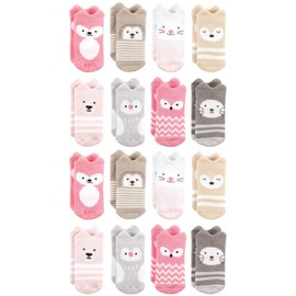 Hudson Baby Unisex Baby Cotton Rich Baby Terry Socks 16-Pack, Pink Girl Woodland, 0-6 Months