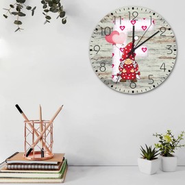 Autravelco Wood Wall Clock Round Silent Non-Ticking White Initial Letter F Valentine's Day Gnomes Beautiful Wall Clocks English Alphabet Monogrammed Wall Decor for Restroom Patio Garden 15 Inch