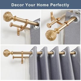 Double Curtain Rod, 1 inch Window Telescoping Drapery Double Rod 36 to 72 Inches (3-6 Feet), Classical Ball Finials,Premium Aluminum Brackets,Warm Gold