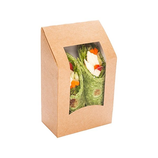 Cafe Vision 5.9 x 3.7 Inch Sandwich Wrap Containers, 200 Angle Cut Sandwich Paper Boxes - With Window, Disposable, Kraft Paper To Go Sandwich Boxes, Grease-Resistant Lining - Restaurantware