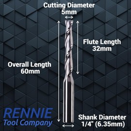 5mm x 32mm Flute x 1/4" Shank Solid Carbide Spiral 2 Flute Up Cut Router Bit for Wood, Hard Wood, PVC & Acrylic (5mm x 32mm Flute)