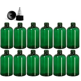 Premium Essential Oil 4 Ounce Boston Round Bottles, PET Plastic Empty Refillable BPA-Free, with Black/Natural Twist Top Caps (Pack of 12) (Green)