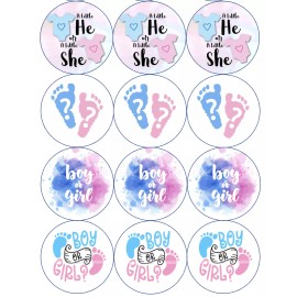 Handmade 12 gender reveal edible paper, cupcake cookie toppers CHOOSE SIZE - 2"