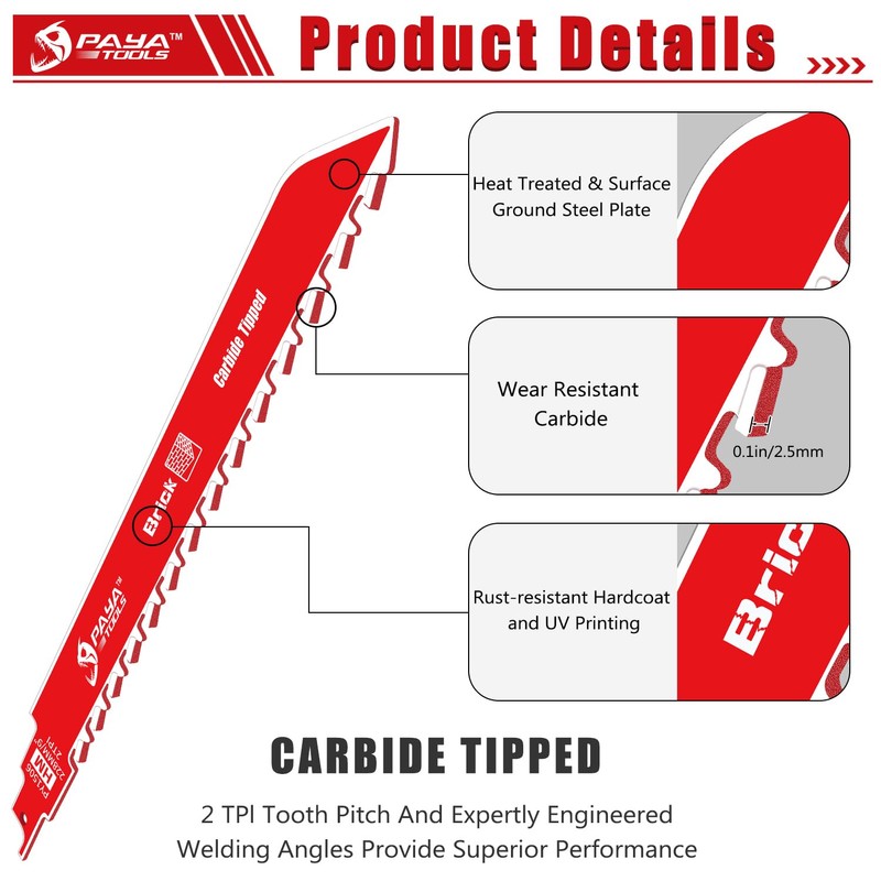 PAYA TOOLS 9-Inch Masonry Reciprocating Saw Blade, 2TPI Carbide Blades
