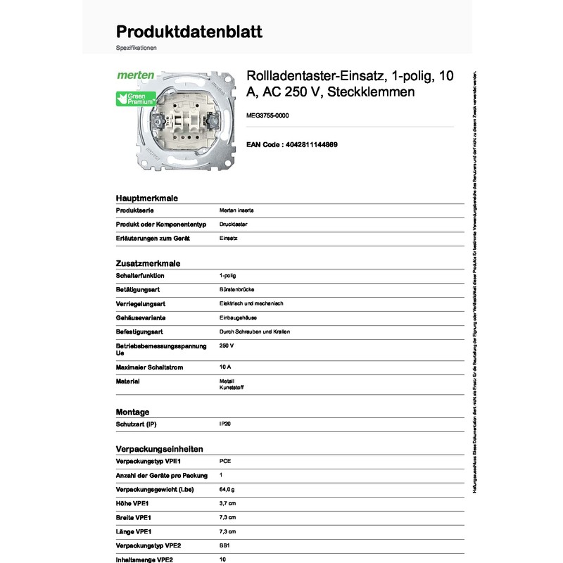 Merten MEG3755-0000 Roller shutter push-button insert 1 pole, 10 A,