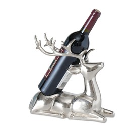 WHW Whole House Worlds Recumbent Deer Wine Holder, Single Bottle Display Rack, Silver, Hand Cast Aluminum Nickel, 11.75 Inches Long